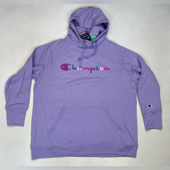 Champion Fleece Pullover Hoodie Women Plus Size 1X Purple Script Logo NWT - Picture 1 of 7